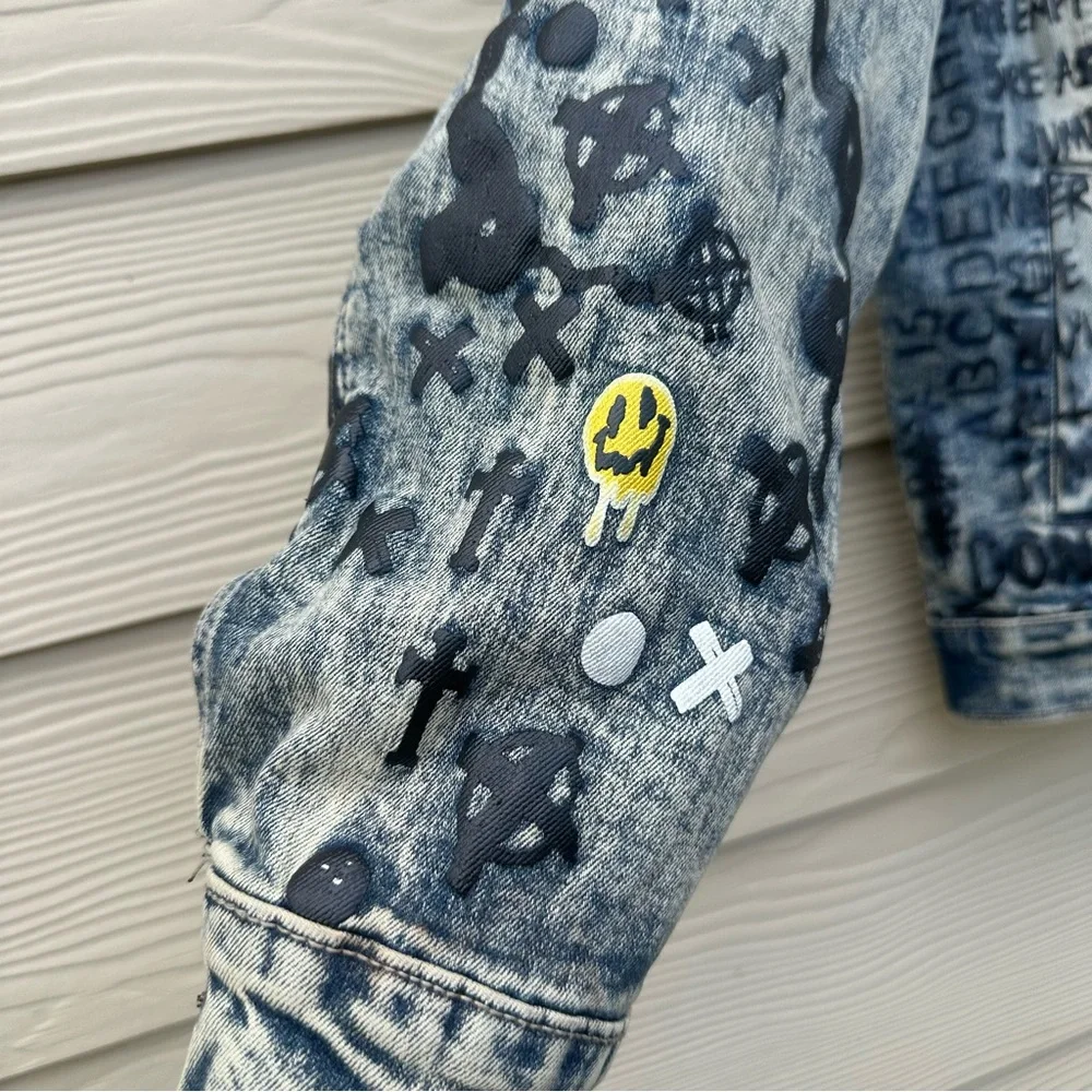 Smoke Rise Denim Jean Jacket Graffiti Streetwear‎ Distressed Stretch Men’s Large